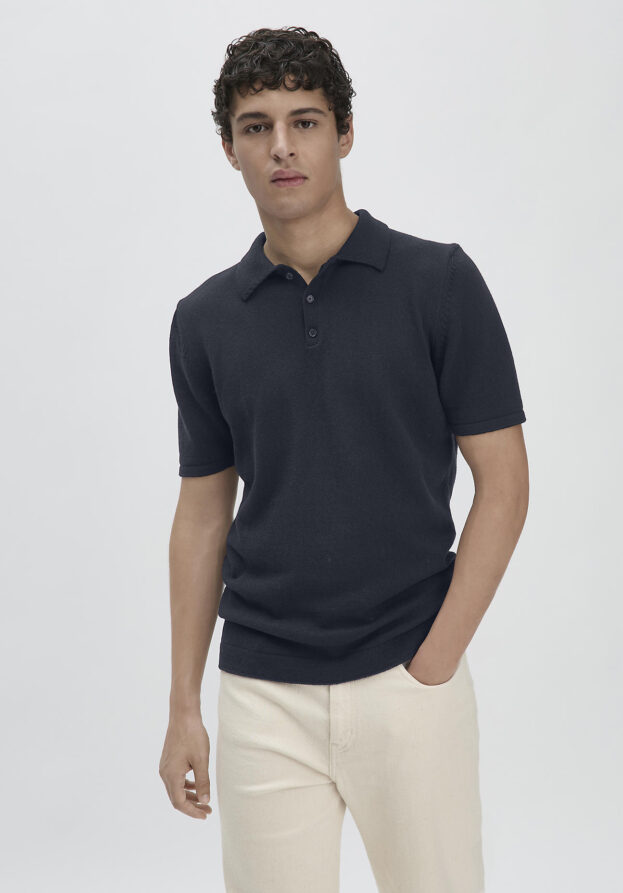 hessnatur Herren Strick-Polo Regular aus Bio-Baumwolle - blau - Größe 48